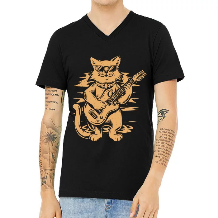 Rock Cat Playing Guitar Rock Kitty Funny Guitar Cat V-Neck T-Shirt