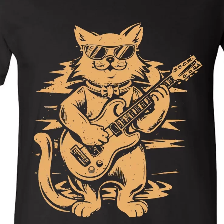 Rock Cat Playing Guitar Rock Kitty Funny Guitar Cat V-Neck T-Shirt