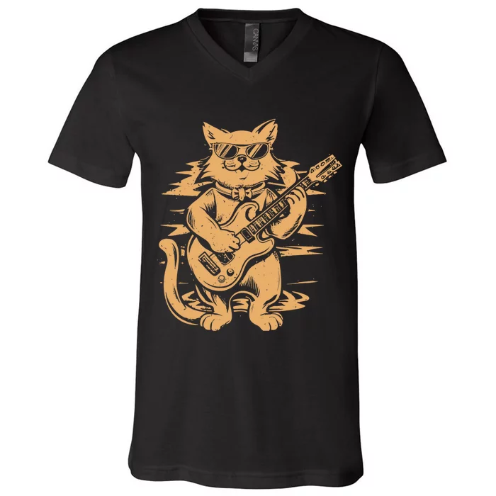 Rock Cat Playing Guitar Rock Kitty Funny Guitar Cat V-Neck T-Shirt