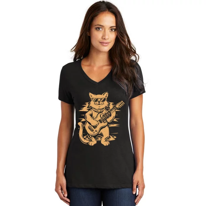 Rock Cat Playing Guitar Rock Kitty Funny Guitar Cat Women's V-Neck T-Shirt