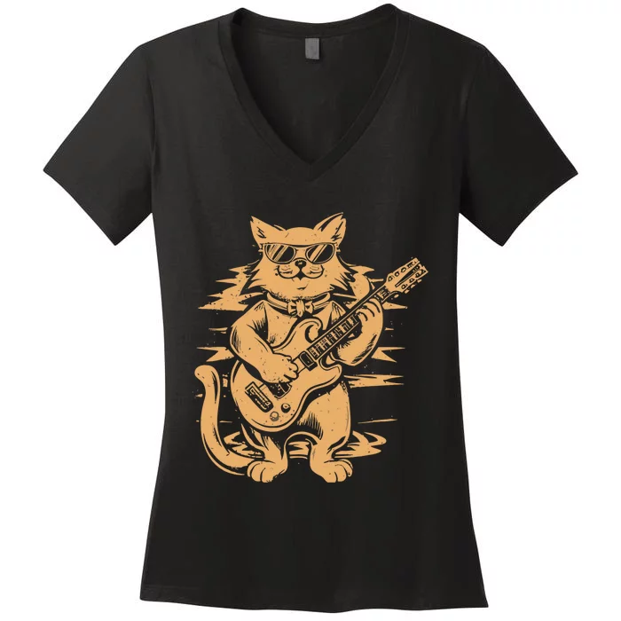 Rock Cat Playing Guitar Rock Kitty Funny Guitar Cat Women's V-Neck T-Shirt