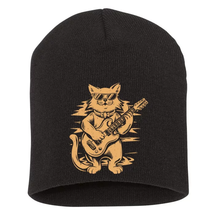 Rock Cat Playing Guitar Rock Kitty Funny Guitar Cat Short Acrylic Beanie