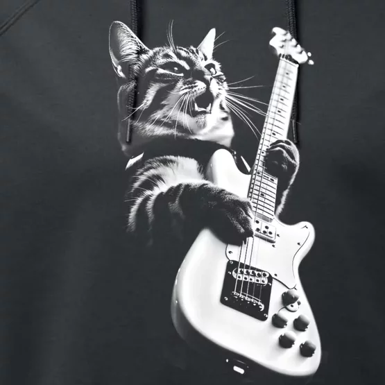 Rock Cat Playing Guitar Funny Guitar Cat Performance Fleece Hoodie