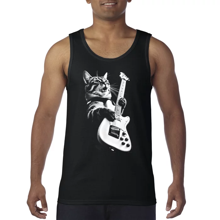 Rock Cat Playing Guitar Funny Guitar Cat Tank Top