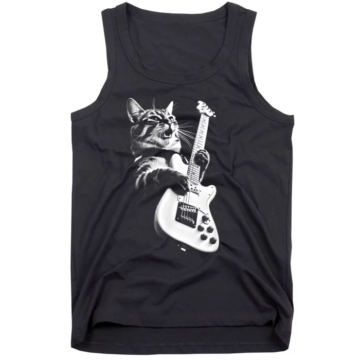 Rock Cat Playing Guitar Funny Guitar Cat Tank Top