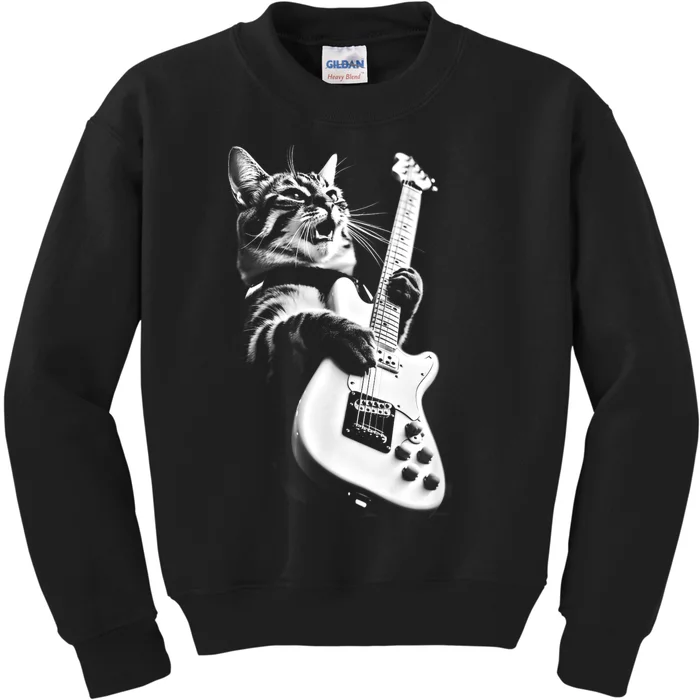 Rock Cat Playing Guitar Funny Guitar Cat Kids Sweatshirt