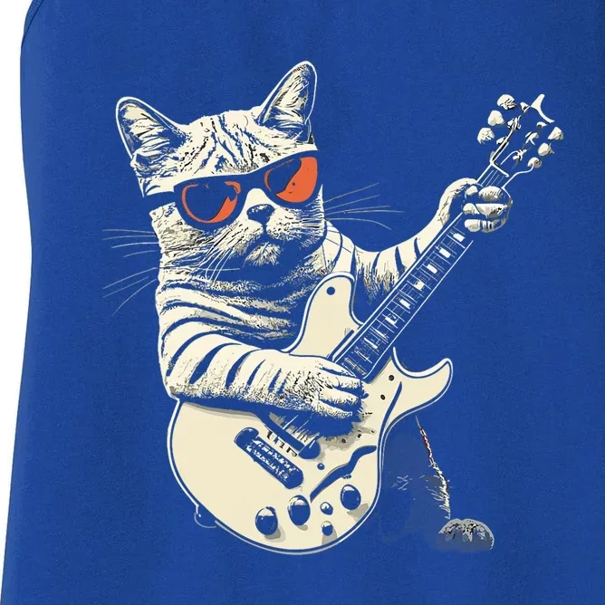 Rock Cat Playing Guitar Rock Kitty Funny Guitar Cat Women's Racerback Tank