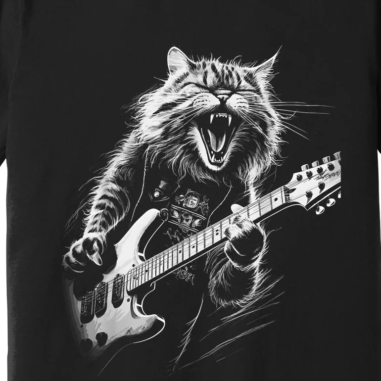 Rock Cat Playing Guitar Funny Guitar Cat Premium T-Shirt