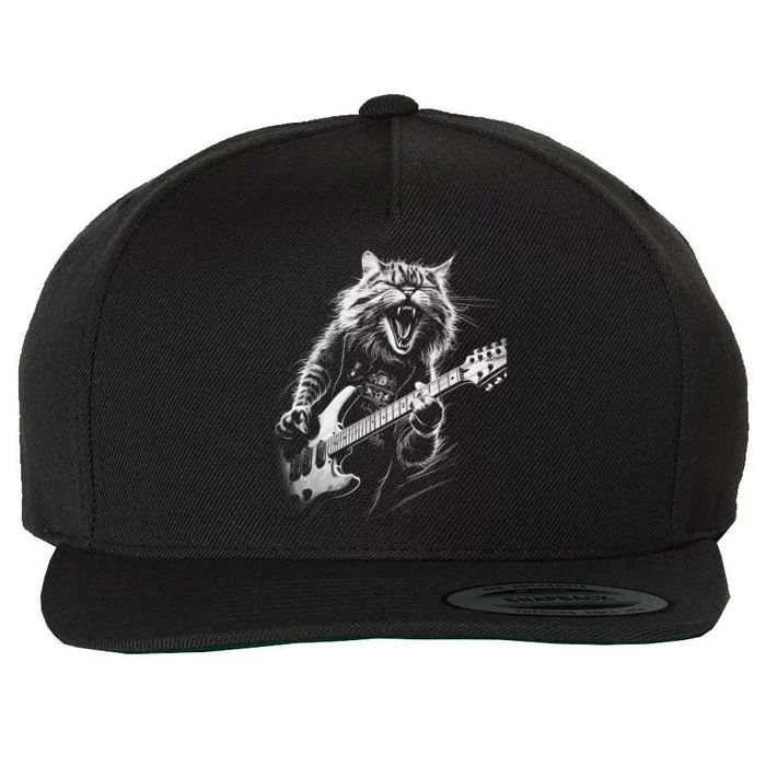 Rock Cat Playing Guitar Funny Guitar Cat Wool Snapback Cap