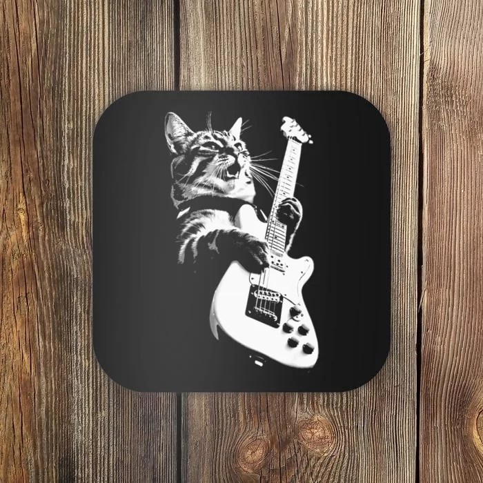 Rock Cat Playing Guitar Funny Guitar Cat Coaster