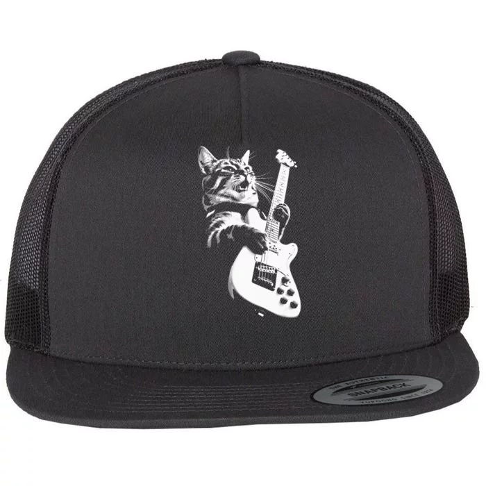 Rock Cat Playing Guitar Funny Guitar Cat Flat Bill Trucker Hat