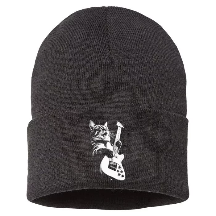 Rock Cat Playing Guitar Funny Guitar Cat Sustainable Knit Beanie