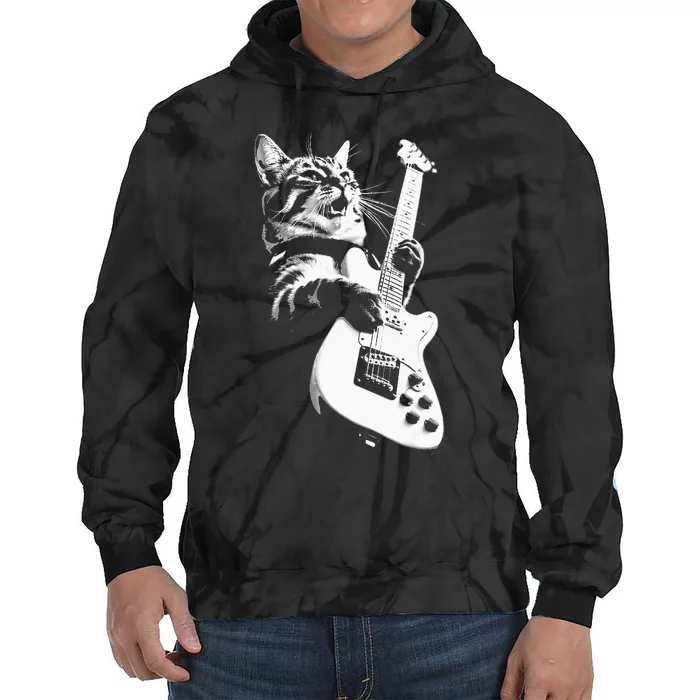 Rock Cat Playing Guitar Funny Guitar Cat Tie Dye Hoodie