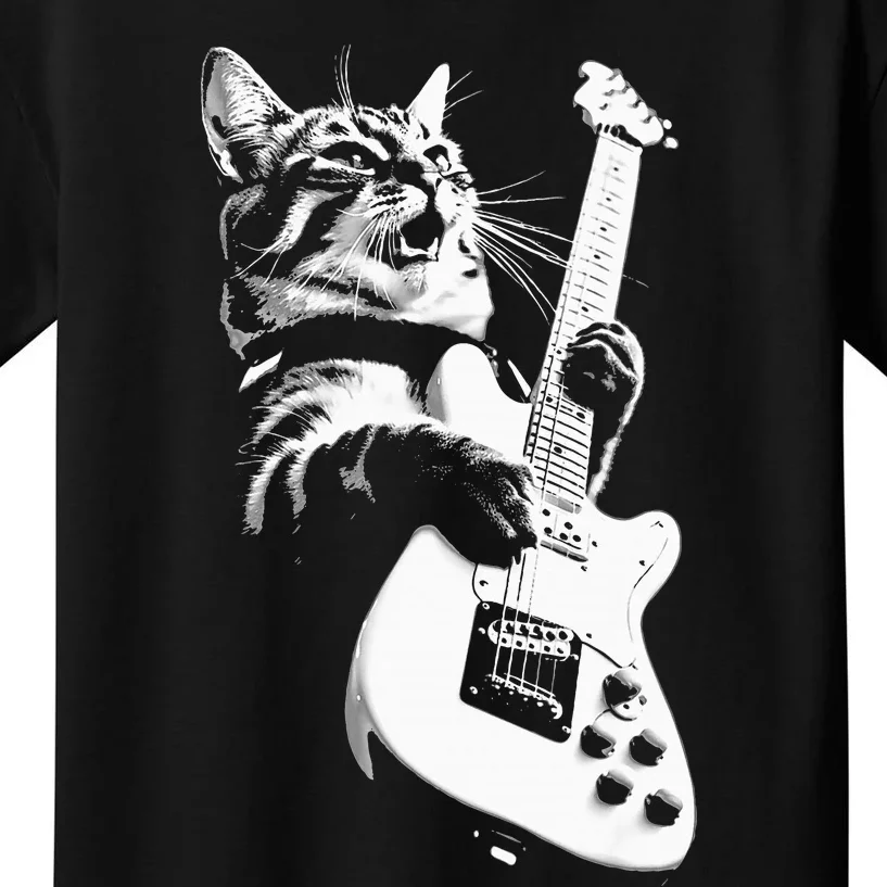 Rock Cat Playing Guitar Funny Guitar Cat Kids T-Shirt