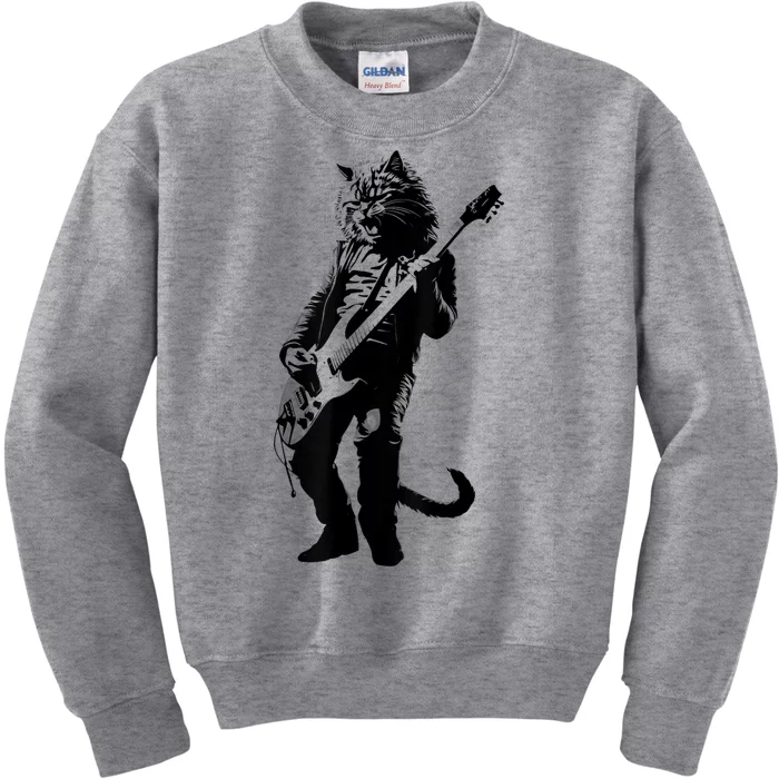 Rock Cat Playing Guitar Funny Guitar Cat Kids Sweatshirt