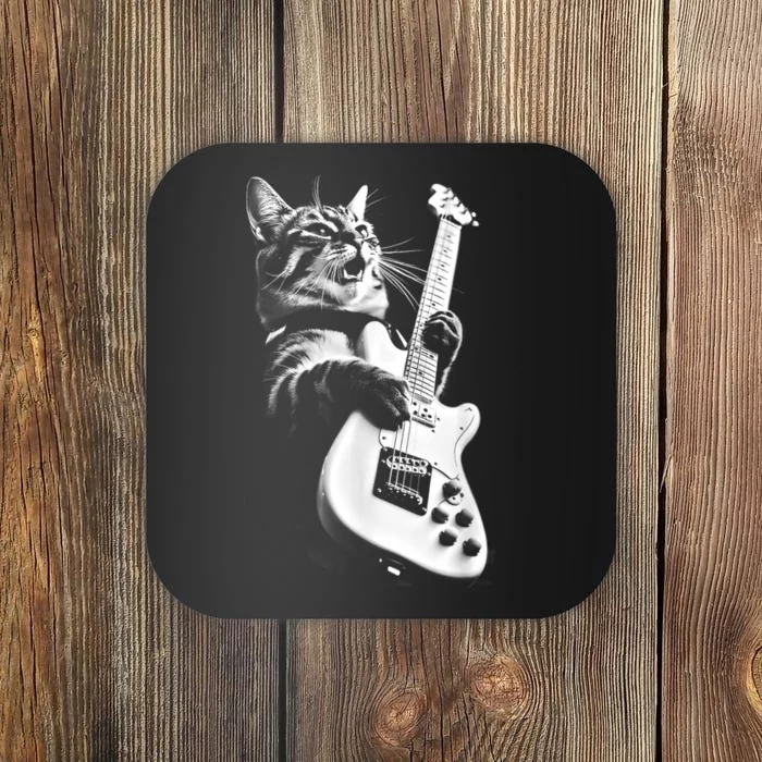 Rock Cat Playing Guitar Funny Guitar Cat Coaster