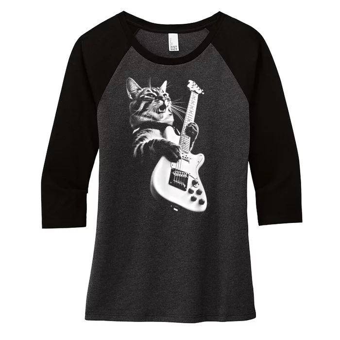 Rock Cat Playing Guitar Funny Guitar Cat Women's Tri-Blend 3/4-Sleeve Raglan Shirt