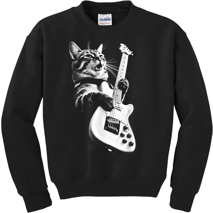 Rock Cat Playing Guitar Funny Guitar Cat Kids Sweatshirt