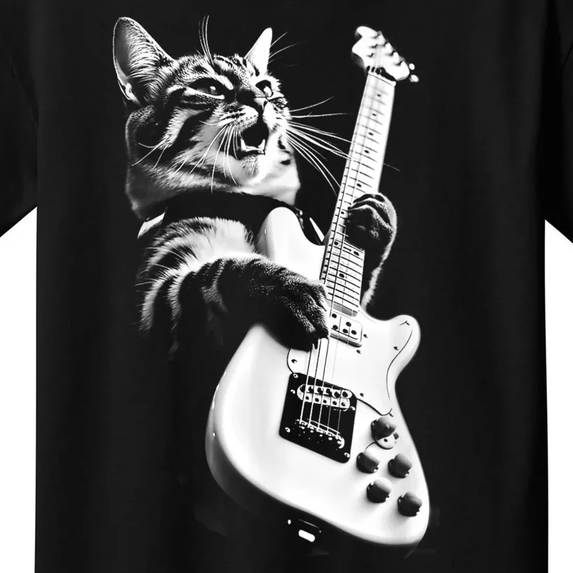 Rock Cat Playing Guitar Funny Guitar Cat Kids T-Shirt