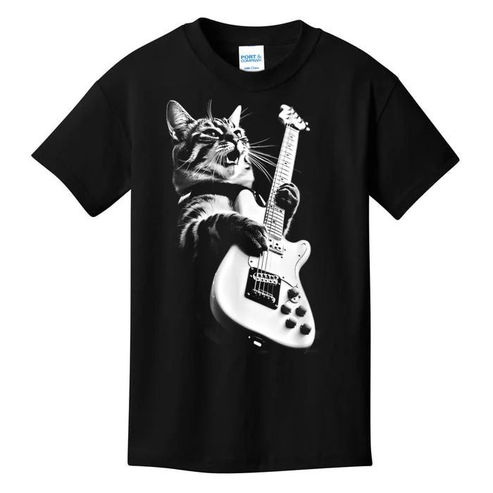 Rock Cat Playing Guitar Funny Guitar Cat Kids T-Shirt