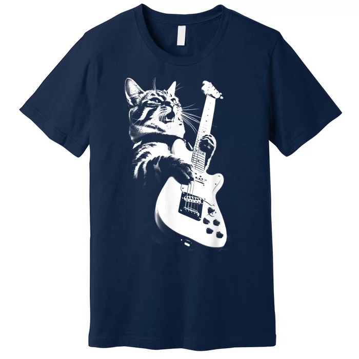 Rock Cat Playing Guitar Funny Guitar Cat Premium T-Shirt