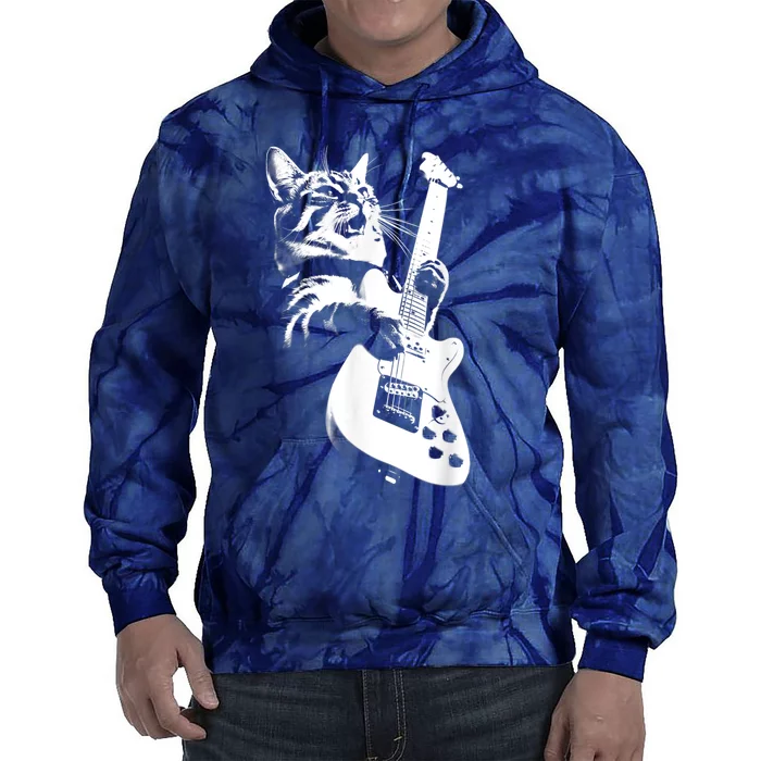 Rock Cat Playing Guitar Funny Guitar Cat Tie Dye Hoodie