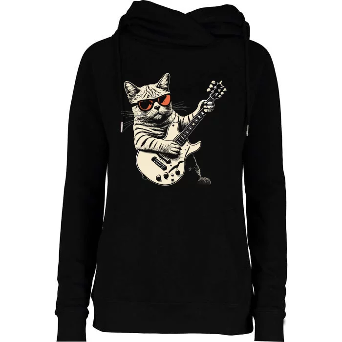 Rock Cat Playing Guitar Rock Kitty Funny Guitar Cat Womens Funnel Neck Pullover Hood