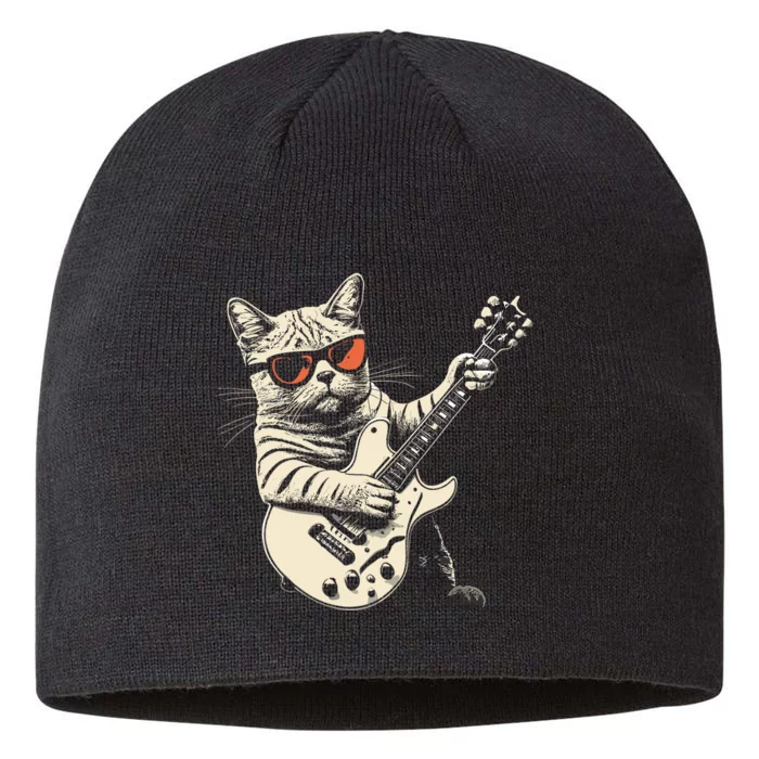 Rock Cat Playing Guitar Rock Kitty Funny Guitar Cat 8 1/2in Sustainable Knit Beanie