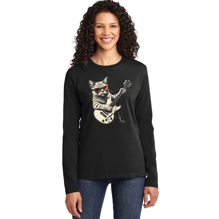 Rock Cat Playing Guitar Rock Kitty Funny Guitar Cat Ladies Long Sleeve Shirt