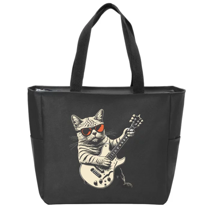 Rock Cat Playing Guitar Rock Kitty Funny Guitar Cat Zip Tote Bag