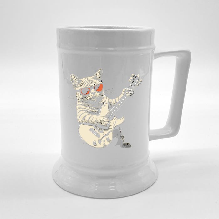 Rock Cat Playing Guitar Rock Kitty Funny Guitar Cat Front & Back Beer Stein