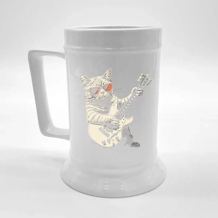 Rock Cat Playing Guitar Rock Kitty Funny Guitar Cat Front & Back Beer Stein