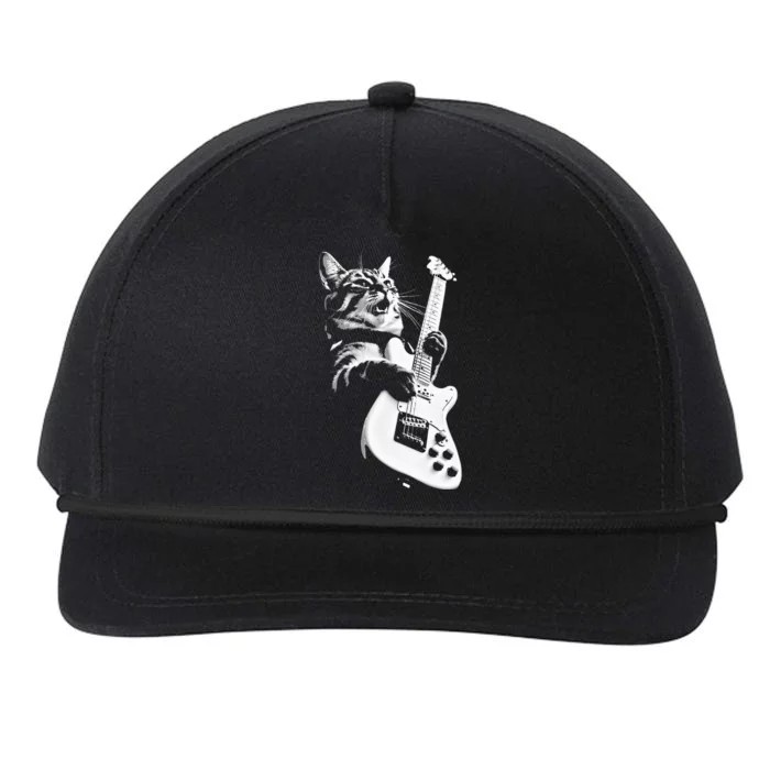 Rock Cat Playing Guitar Funny Guitar Cat Snapback Five-Panel Rope Hat