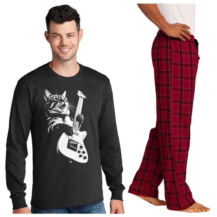 Rock Cat Playing Guitar Funny Guitar Cat Long Sleeve Pajama Set