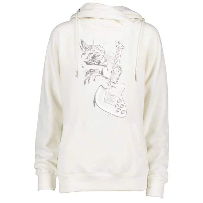 Rock Cat Playing Guitar Funny Guitar Cat Womens Funnel Neck Pullover Hood