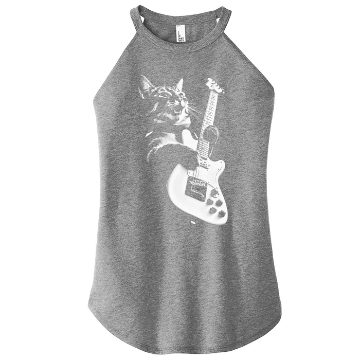 Rock Cat Playing Guitar Funny Guitar Cat Women’s Perfect Tri Rocker Tank