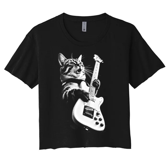 Rock Cat Playing Guitar Women's Crop Top Tee