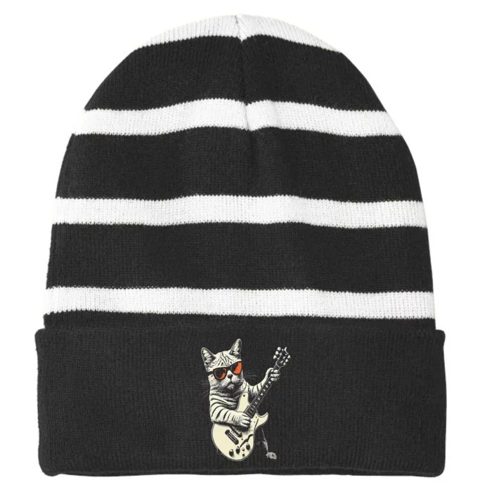 Rock Cat Playing Guitar Rock Kitty Funny Guitar Cat Striped Beanie with Solid Band