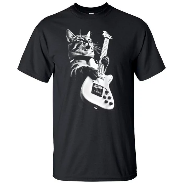 Rock Cat Playing Guitar Funny Guitar Cat Tall T-Shirt