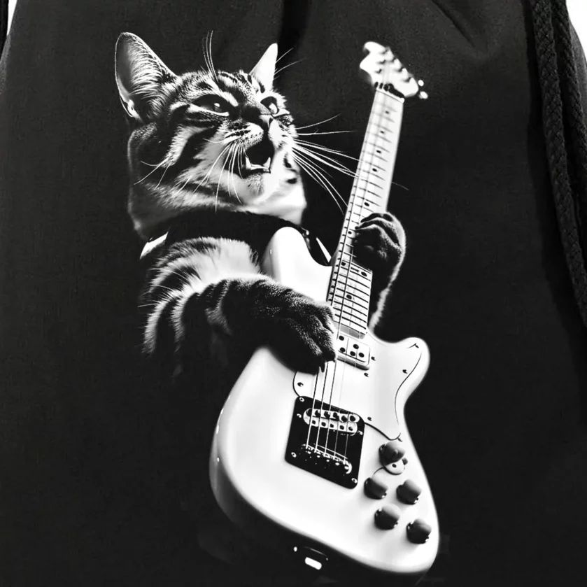 Rock Cat Playing Guitar Funny Guitar Cat Drawstring Bag