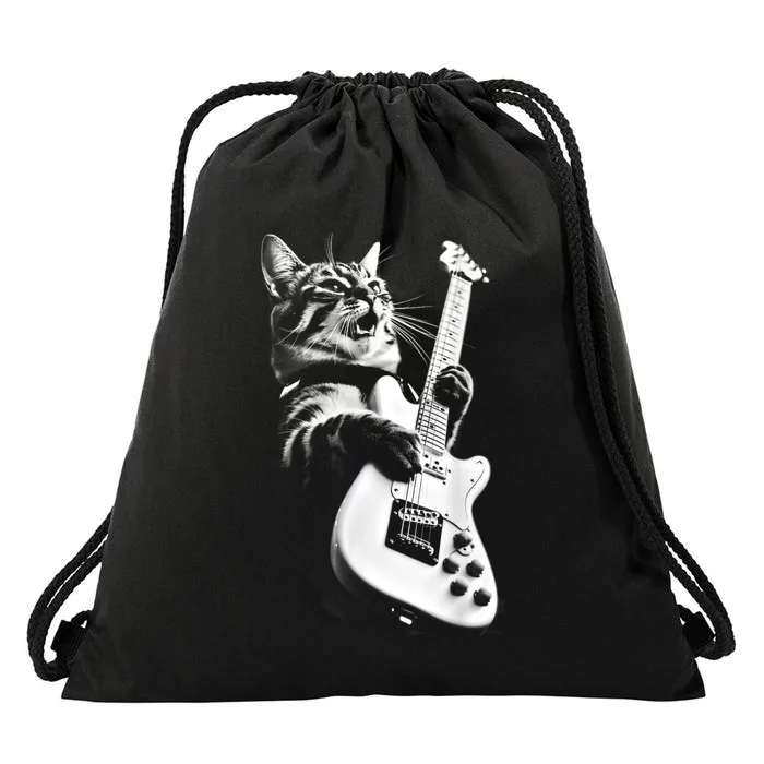 Rock Cat Playing Guitar Funny Guitar Cat Drawstring Bag