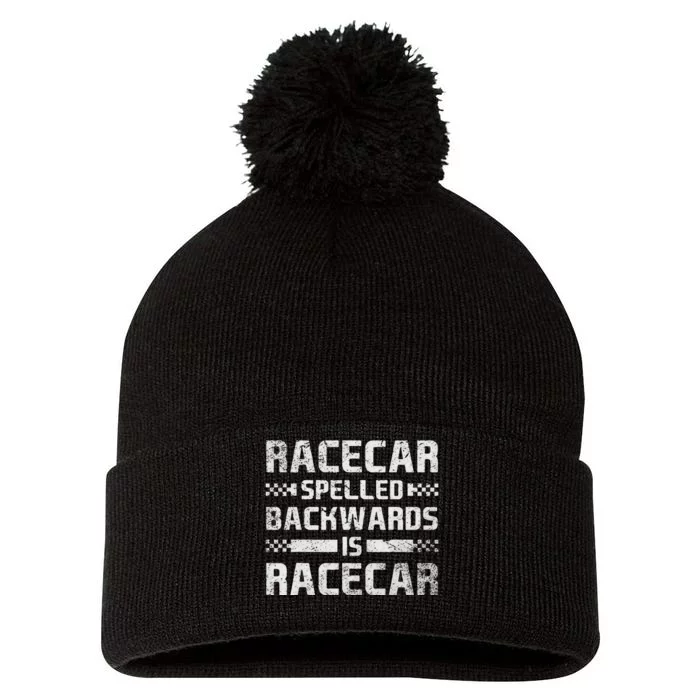 Race Cars Racecar Spelled Backwards Race Car Racing Apparel Pom Pom 12in Knit Beanie