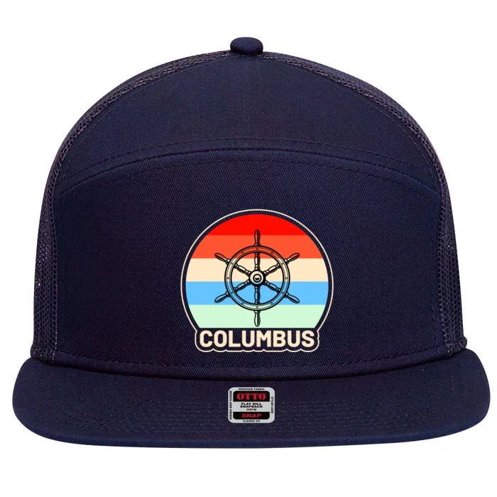 Retro Columbus Ship Wheel 7 Panel Mesh Trucker Snapback Hat