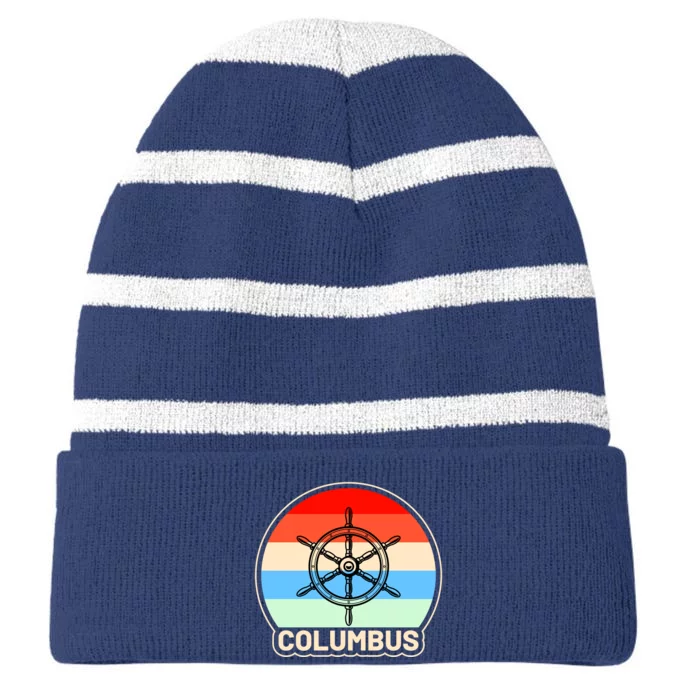 Retro Columbus Ship Wheel Striped Beanie with Solid Band