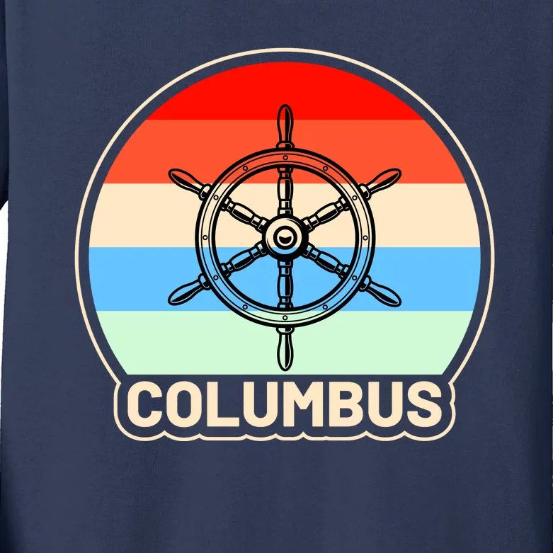 Retro Columbus Ship Wheel Kids Long Sleeve Shirt