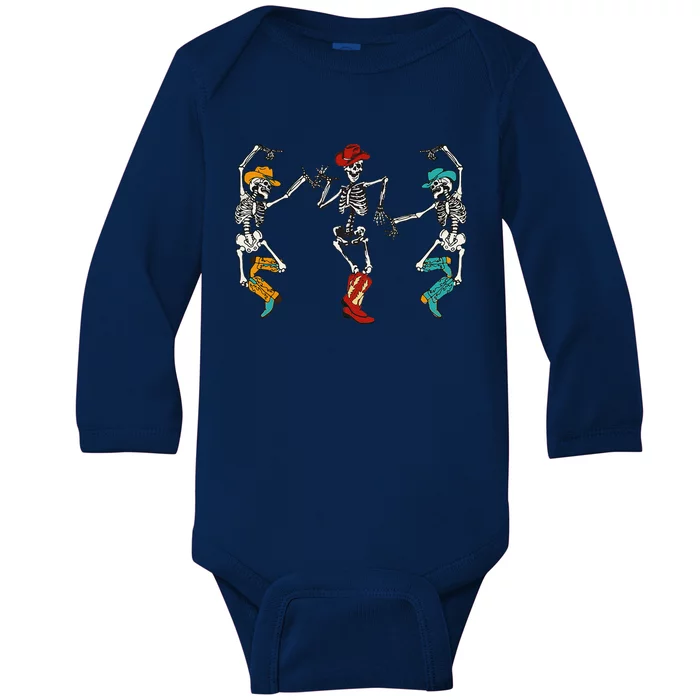 Retro Cowboy Skeleton Cowgirl Dancing Boots Halloween Baby Long Sleeve Bodysuit