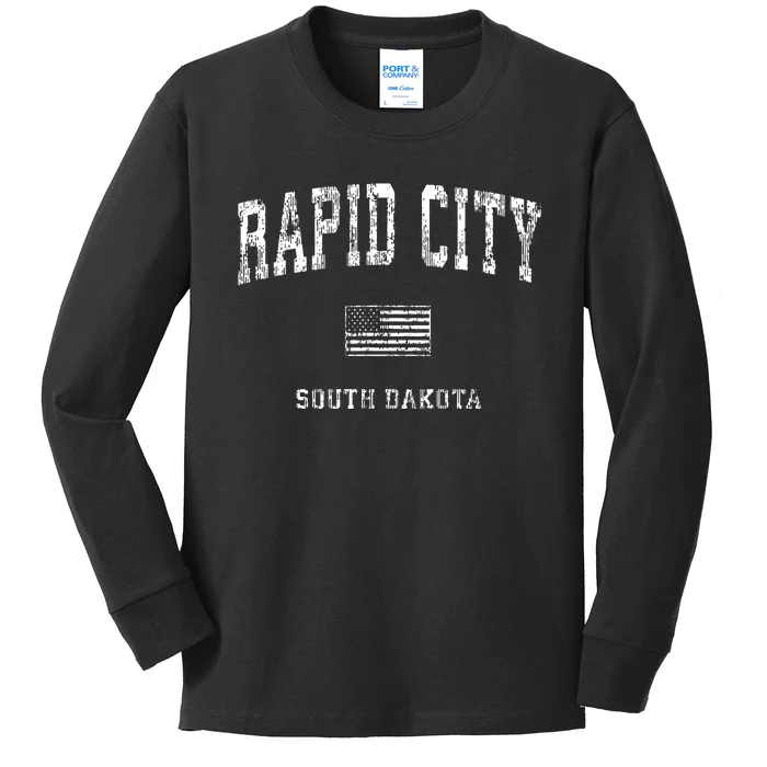 Rapid City South Dakota Sd Vintage American Flag Kids Long Sleeve Shirt