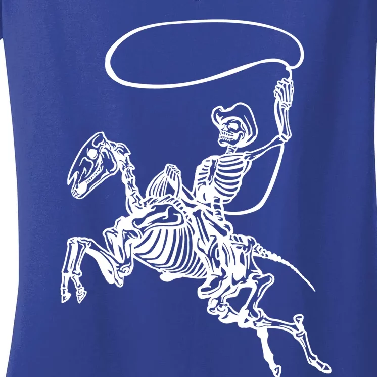 Retro Cow Skeleton Lassoing Western Country Horse Lovers Cute Gift Women's V-Neck T-Shirt