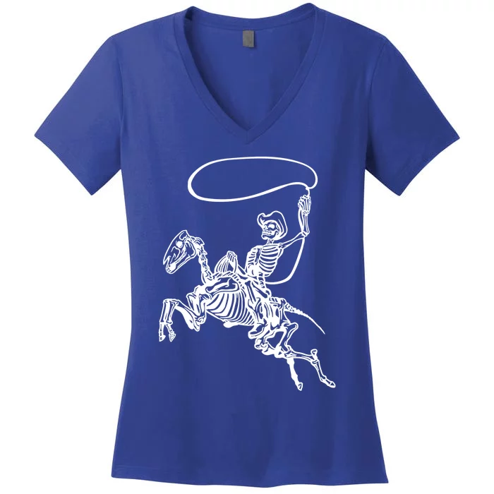 Retro Cow Skeleton Lassoing Western Country Horse Lovers Cute Gift Women's V-Neck T-Shirt