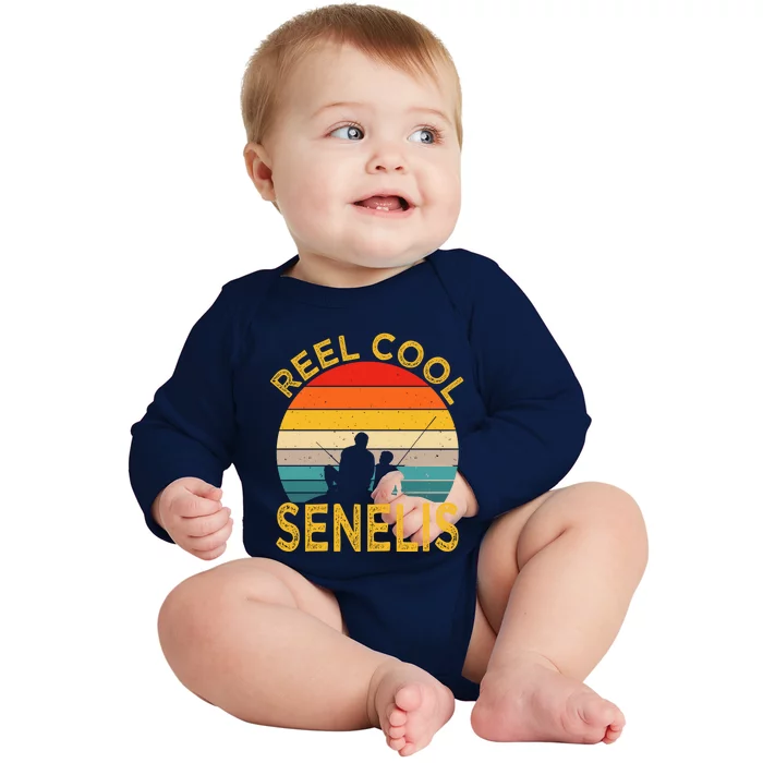 Reel Cool Senelis Fishing Daddy Vintage Grandpa Fathers Day Gift Baby Long Sleeve Bodysuit